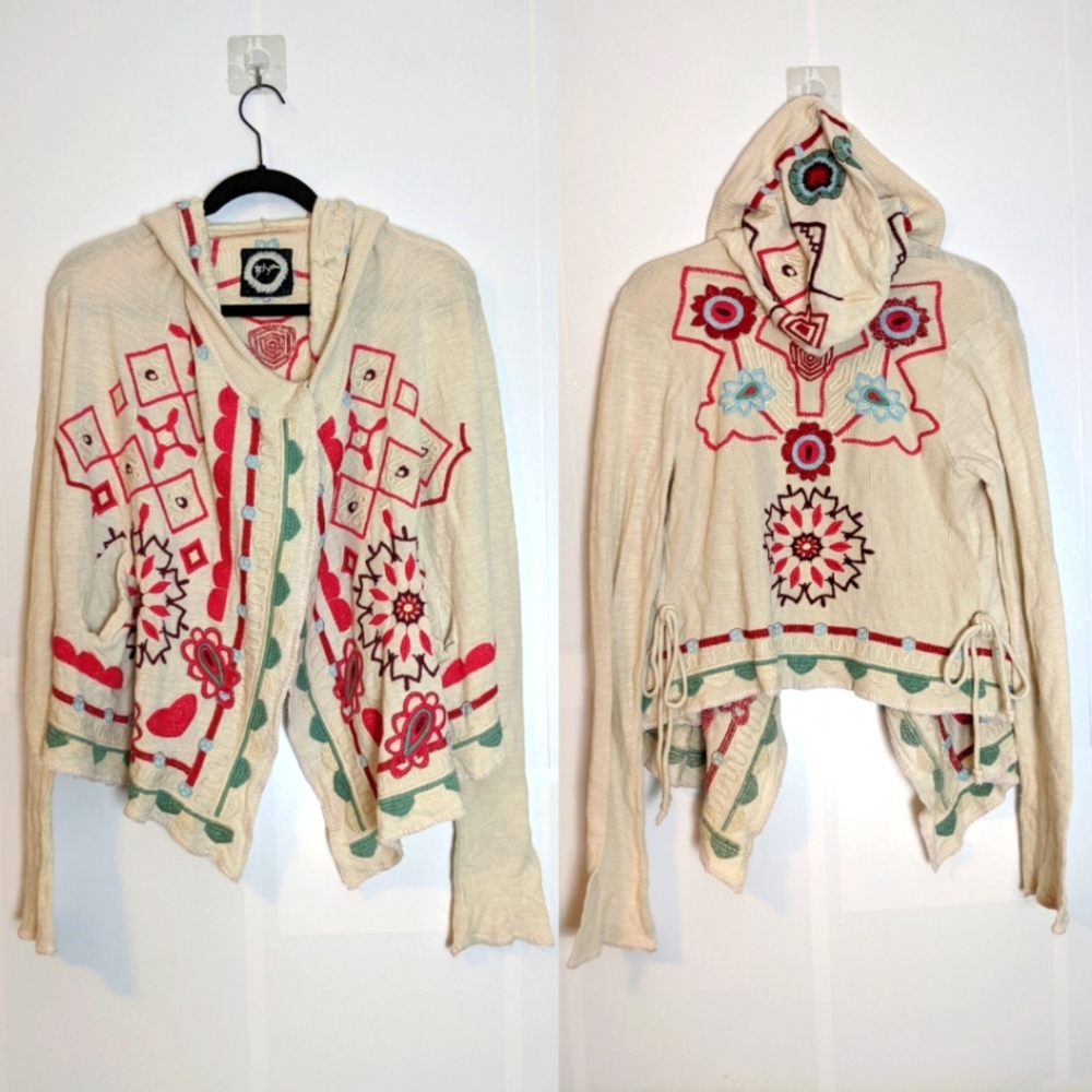 Johnny Was Biya Floral Embroidered Hooded Cardigan Sweater XS Boho Hippy
